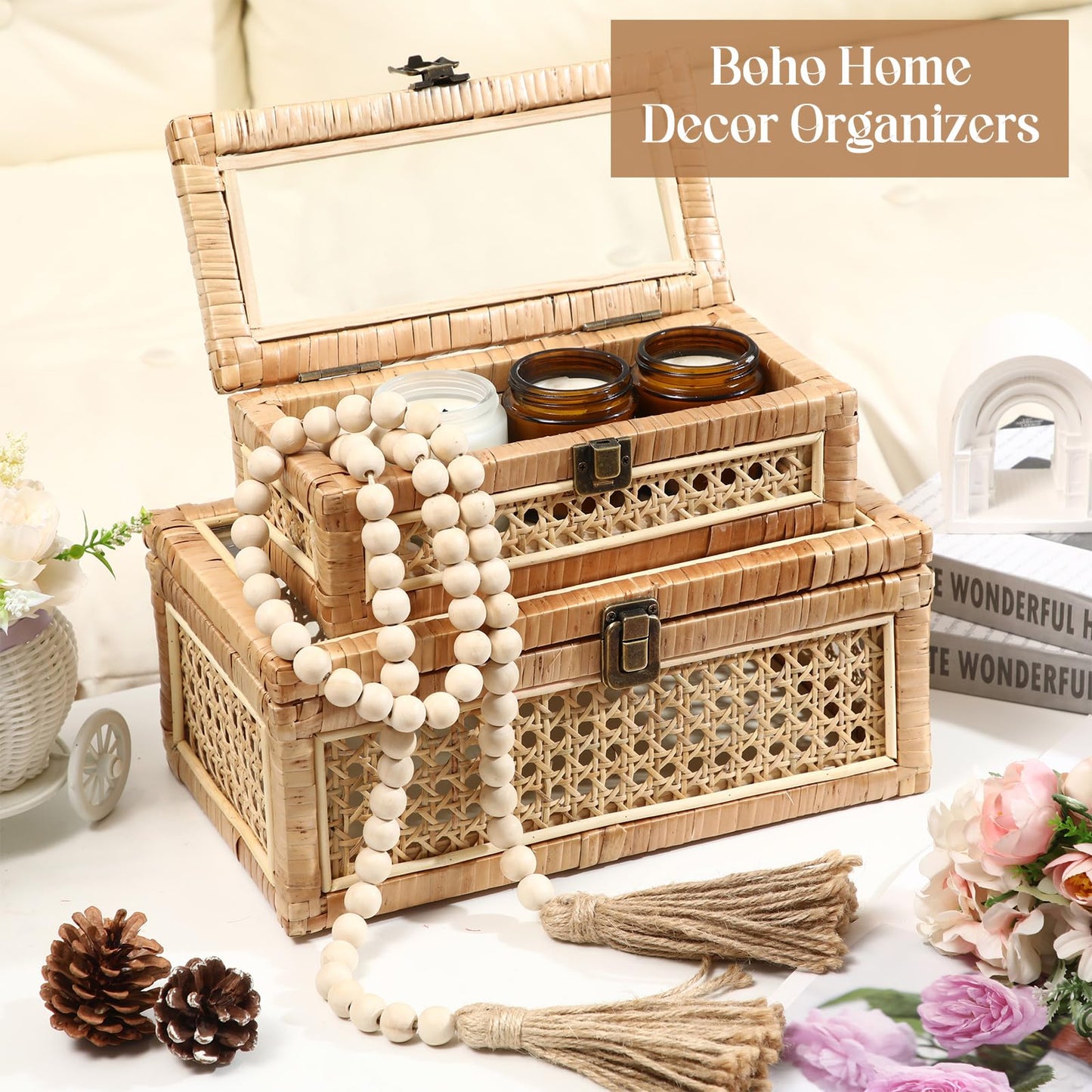 LOYIM Set of 2 Boho Rattan Decorative Box with Glass Lid Rectangular Woven Cane Stacking Boxes for Display Rustic Farmhouse Storage Basket Bins for Home Decoration