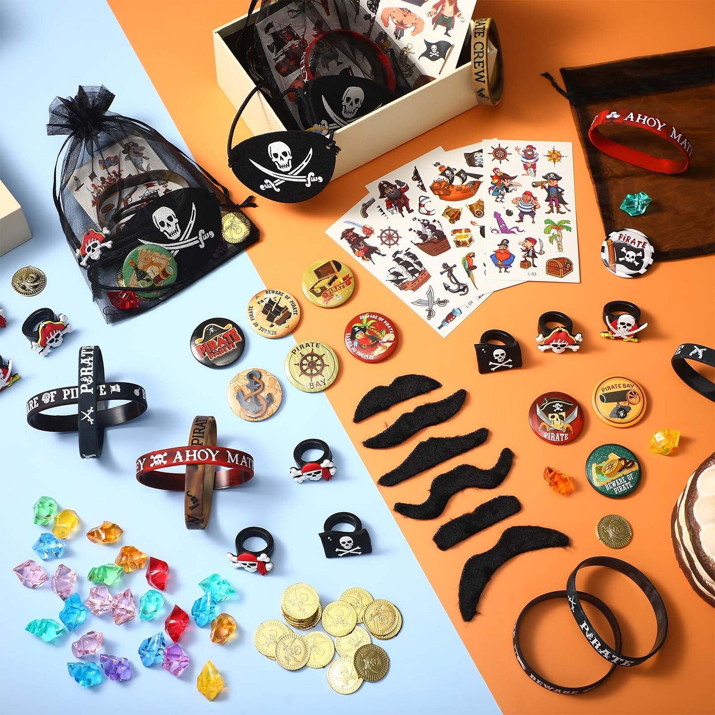Harrycle 144 Pcs Pirate Party Favors Supplies Include Pirate Bracelet Nautical Tattoo Button Pin Eye Patch Gold Coin Gem Ring Mustache Organza Bag for Kids Boy Pirate Birthday Party Goodie Bag Fillers
