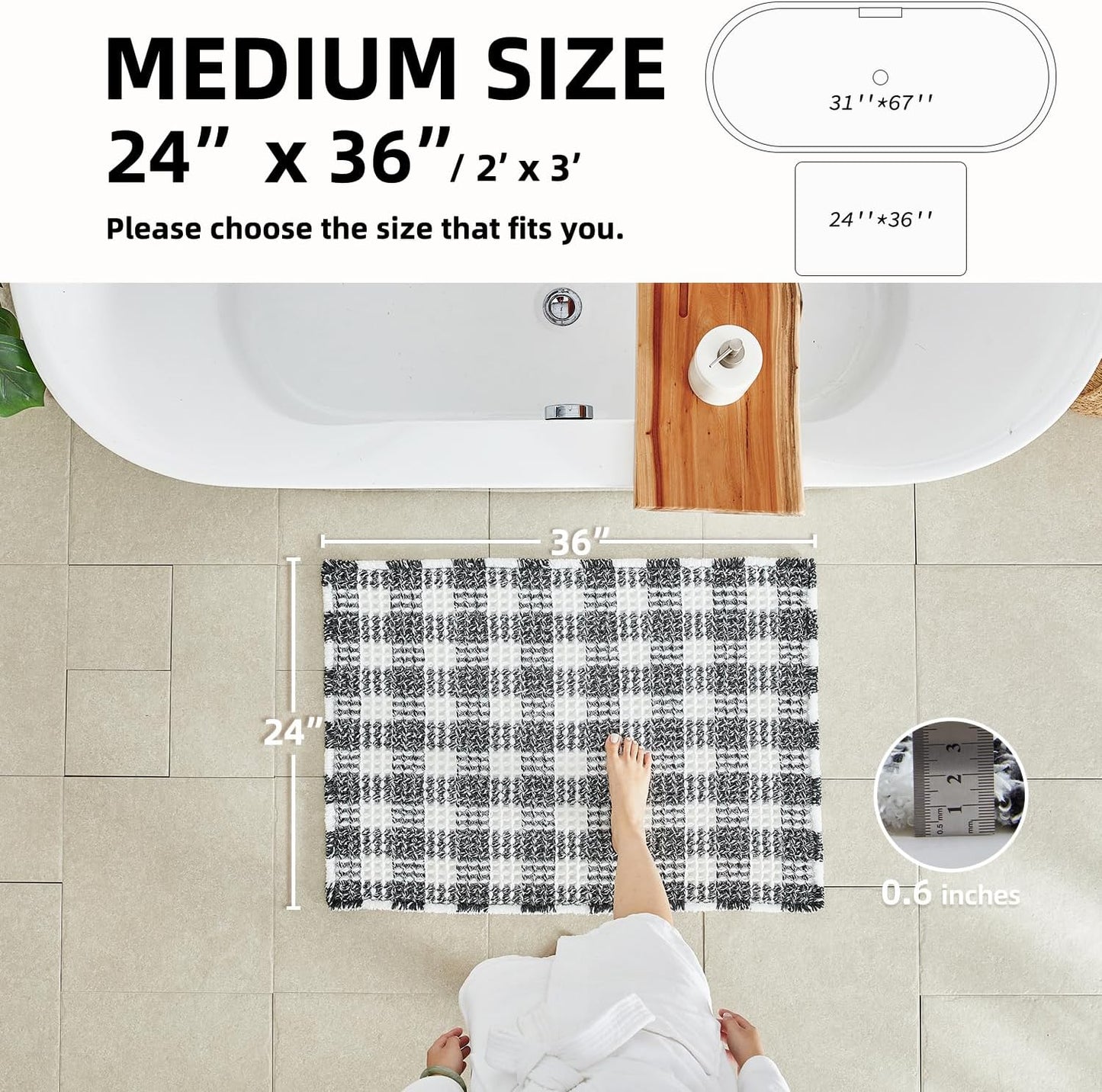 Waffle Bath Mat, Boho Bathroom Rugs Non Slip Washable Absorbent Checkered Bathroom Mat Quick Dry Farmhouse Bathroom Decor, 36"x24" Black and White