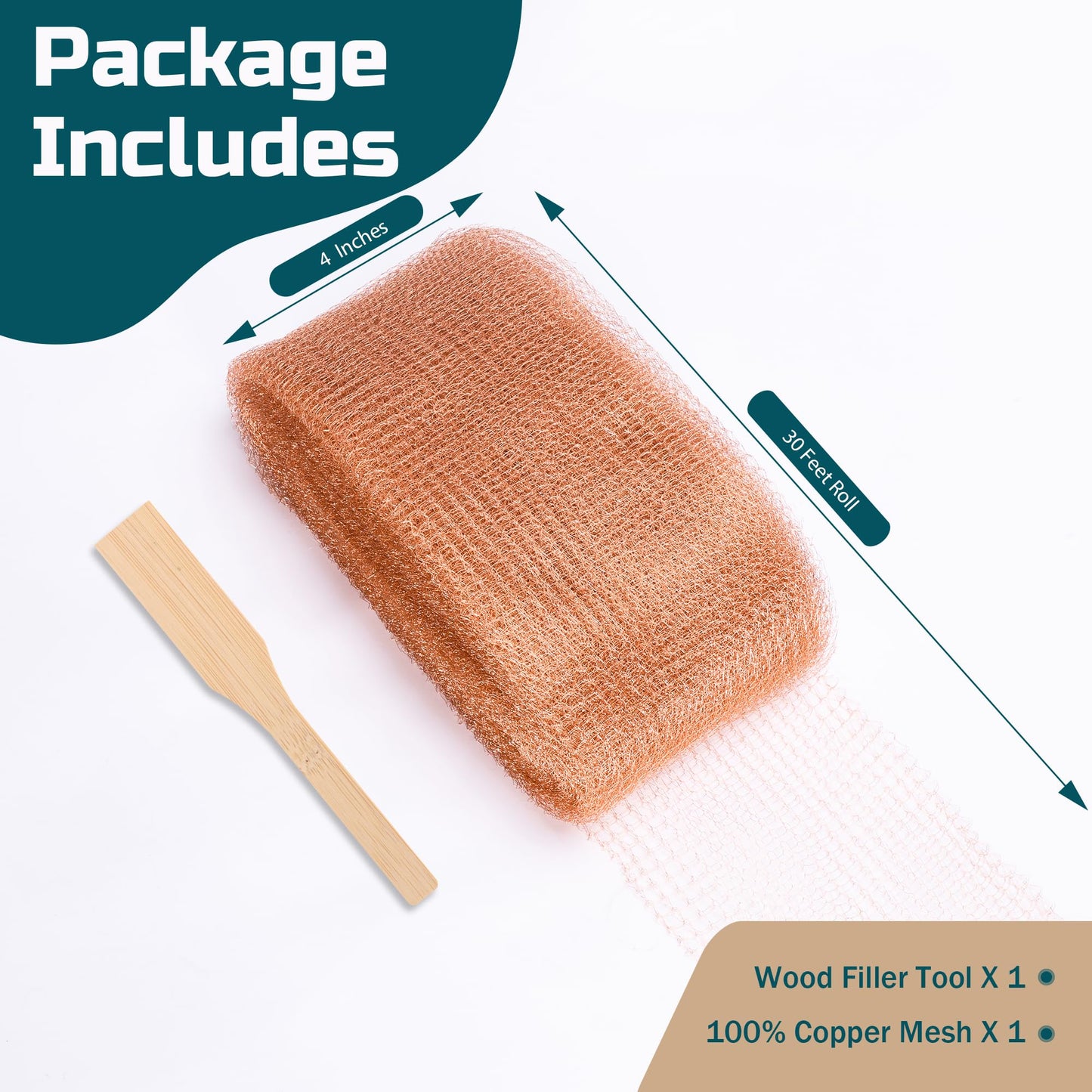 PamMittul Copper Mesh Rodent Control, 4in x 30ft Rustproof Pure Copper Mesh Roll for Slug Snail Mice Control, Ideal for Blocking Holes in Walls Vents, Plus Packing Tool for Easy Installation