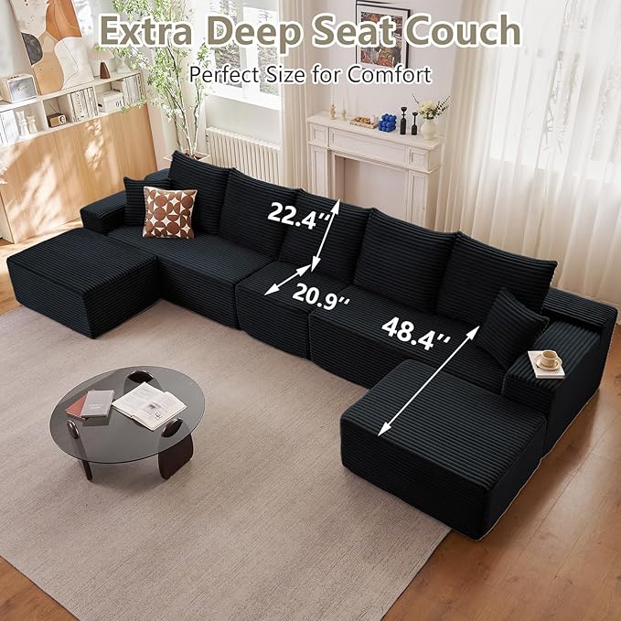 167.7" Sectional Cloud Couch for Living Room, Modular Floor Deep-Seat Sofa, Big Comfy Corduroy Couches Set with Fluffy Memory Foam, Stupendous U Shaped Sofas, No Assembly Required, Black