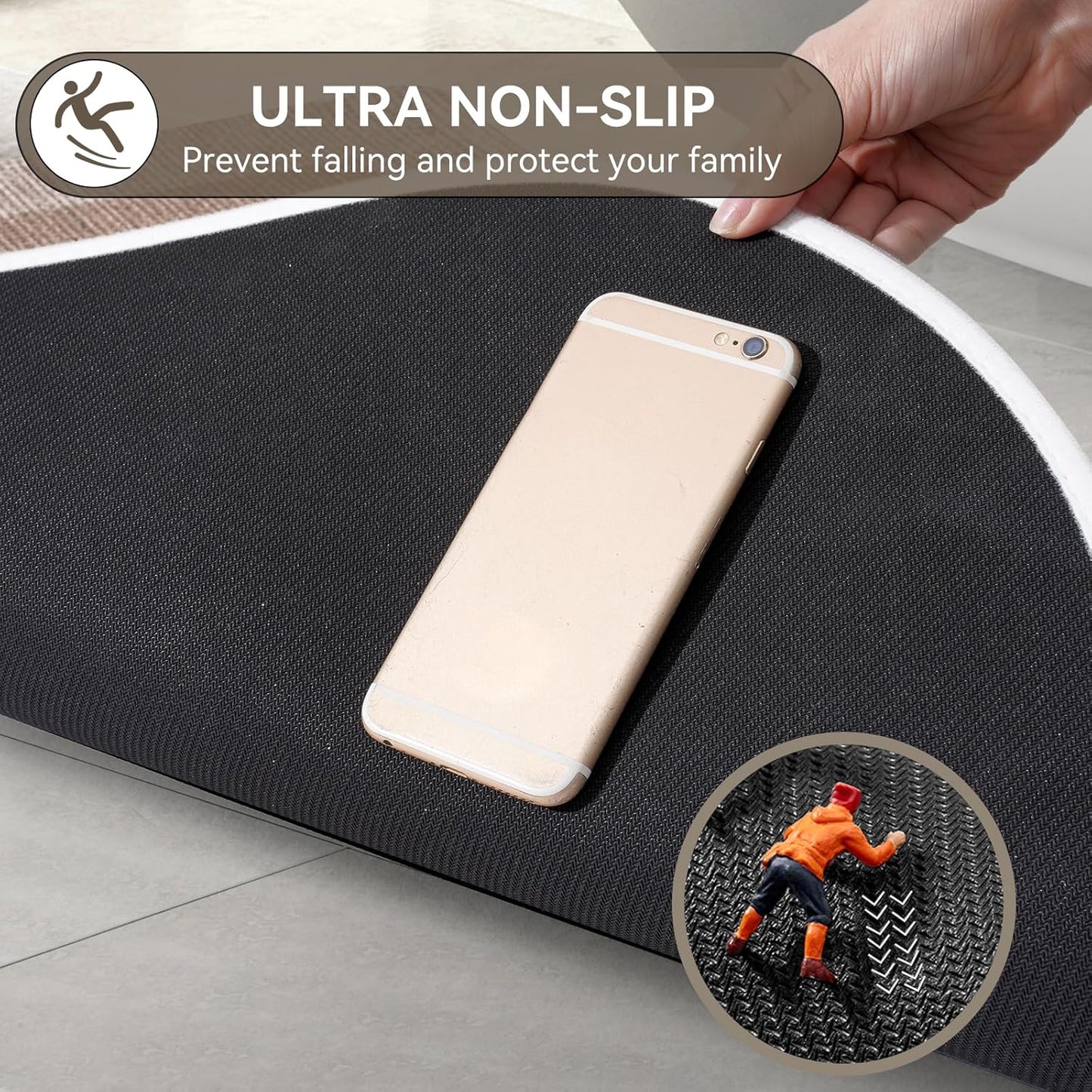Bathroom Rugs Mat 24x35, Ultra Thin Non Slip Bath Mats for Bathtub Quick Dry Absorbent Rubber Bathroom Mat Fit Under Door, Woven Washable Half Round Bath Rugs Floor, Beige Brown