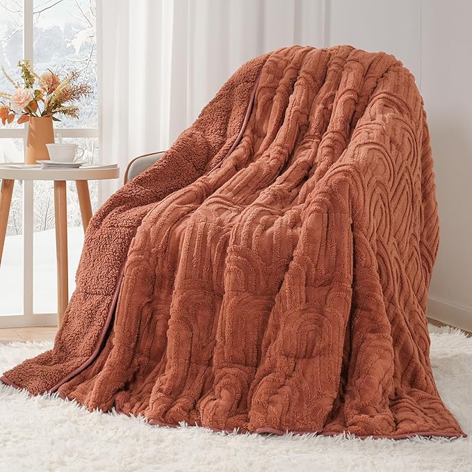 Cottonblue Jacquard Weighted Blanket for Adults 20 lbs Queen Size, Cozy Fluffy Sherpa Fleece Weighted Throw Blankets 60" x 80" for Sleep Relax, Fuzzy Warm Arch Heavy Blanket for Bed Couch, Rust Pink