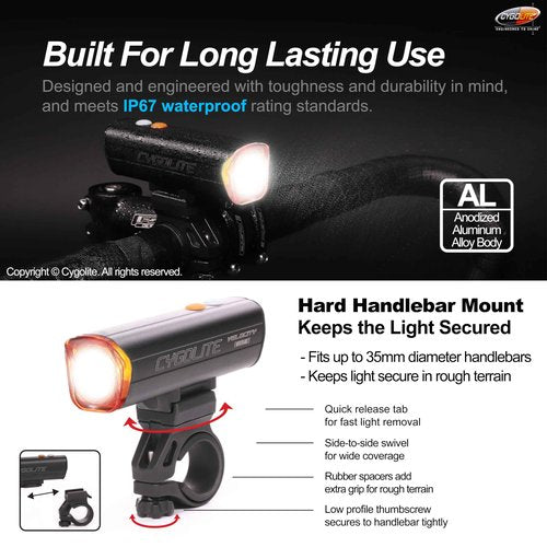 Cygolite Velocity Endurance 800 Lumen Bicycle Light– Anodized Aluminum Alloy- High Run Time–9 Modes– Fine Tunable Brightness-Compact IP67 Waterproof– Hard Mount– USB-C Charge–Road, Mountain, Commute
