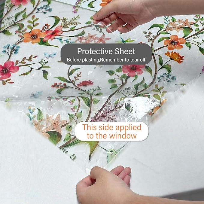 Finnez Stained Glass Window Film with Floral Pattern, Crescent Base and Rainbow Effect, Decorative Static Cling No Glue No Residue 17.5 x 78.7 Inches