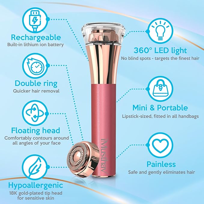 Facial Hair Remover for Women – Painless Flawless Electric Razor, Epilator & Trimmer 18K Gold-Plated Dual Ring Floating Head 20mm, USB Rechargeable, 360° LED Light for Face, Lip & Chin