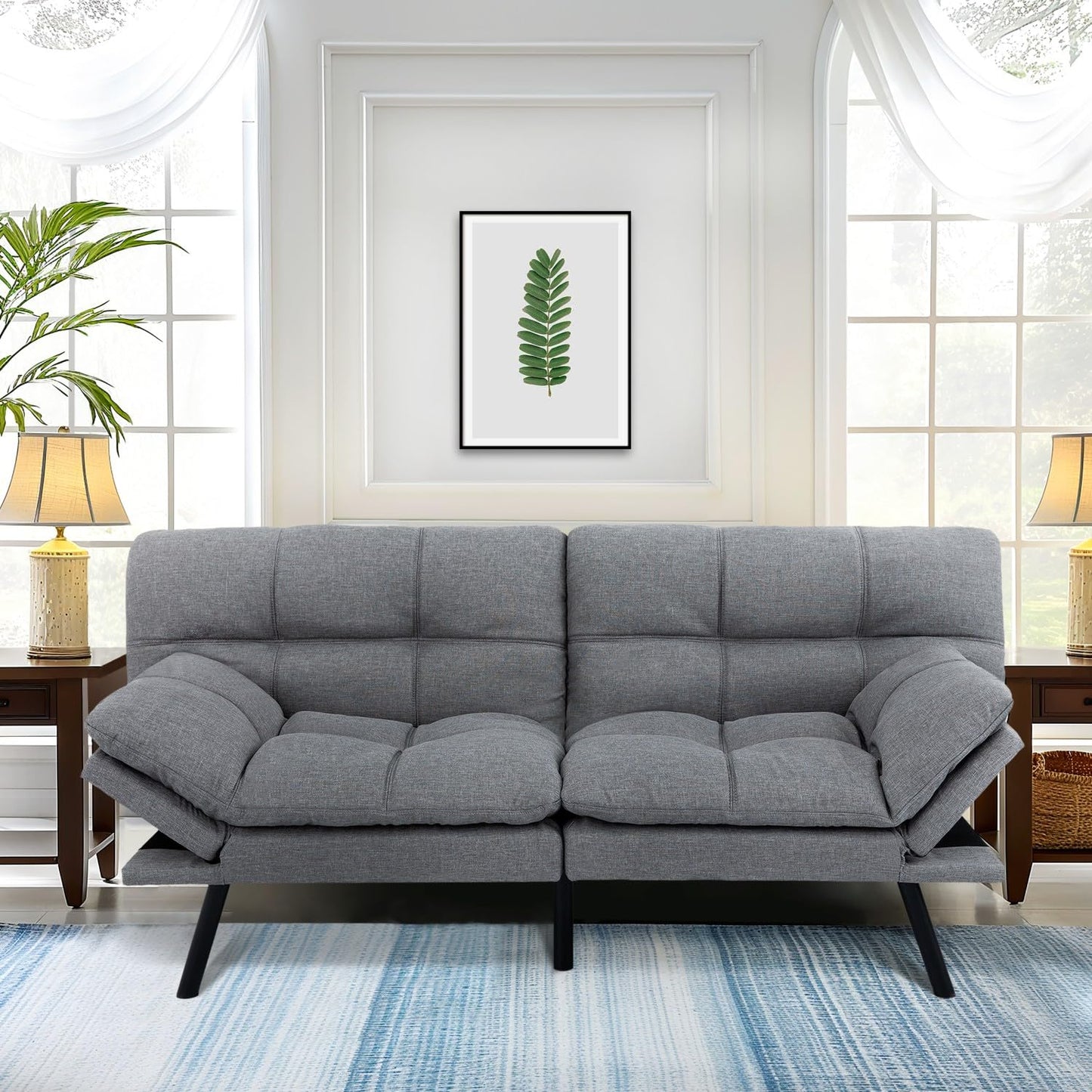 MUUEGM 71" Futon Sofa Bed, Convertible Couch Filled with Memory Foam, Modern Loveseat with Adjustable Backrest&Armrest, Sofas for Living Room,Game Room,Dormitory,Office.Light Grey Fabric