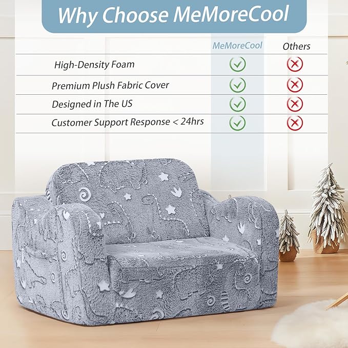 MeMoreCool Kids Dinosaur Couch – Foldable Toddler Chair, Glow-in-The-Dark Flip-Out Sofa, Convertible Lounge Seat for Boys Ages 1–3, Plush Fold-Out Kids Lounger with Washable Cover (Gray)