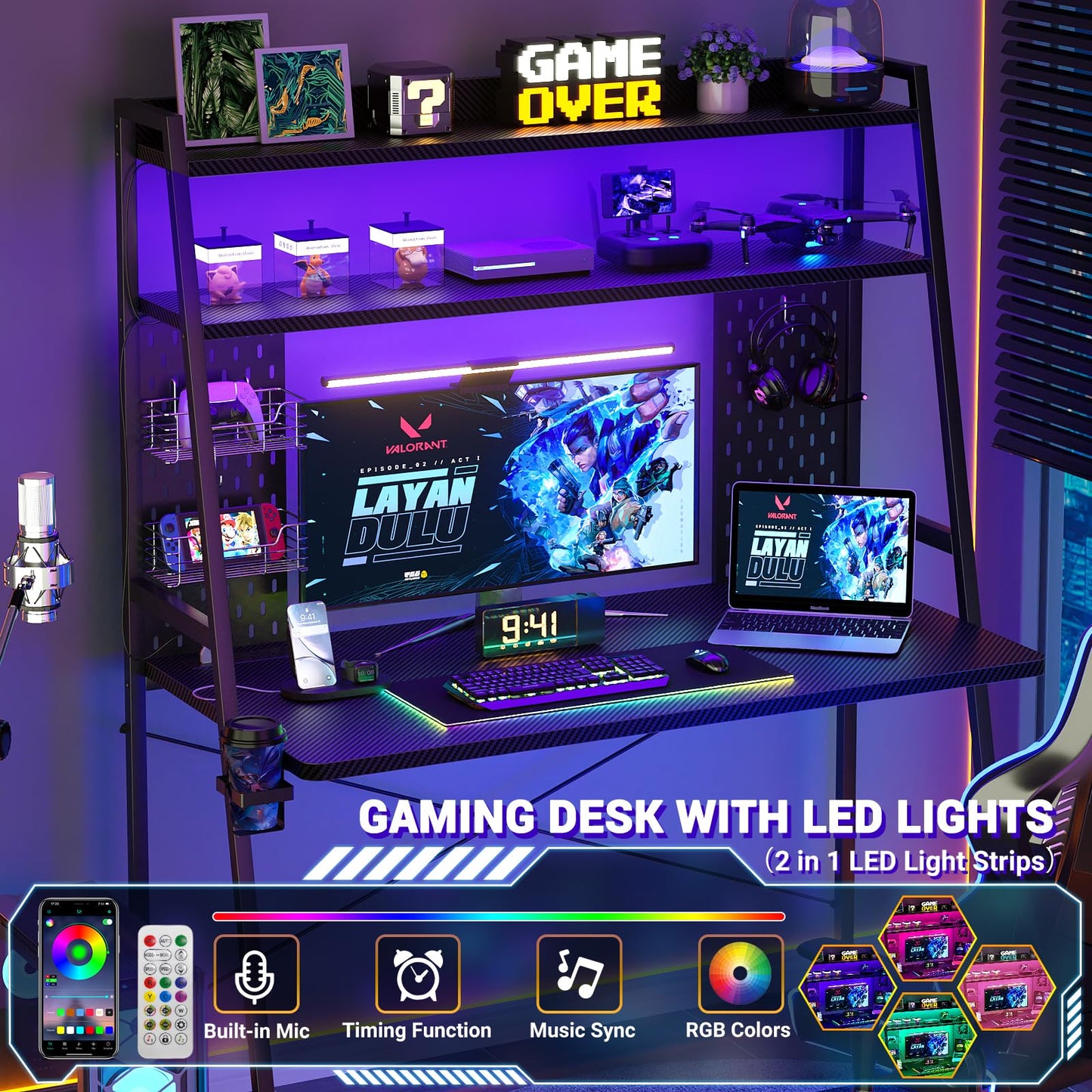Besiost Small Gaming Desk with Hutch and LED Lights, Gaming Computer Desk with Power Outlets, Gamer Desk with Storage Shelves, Game Desks with Pegboards for Bedroom Small Spaces, Black, 43"