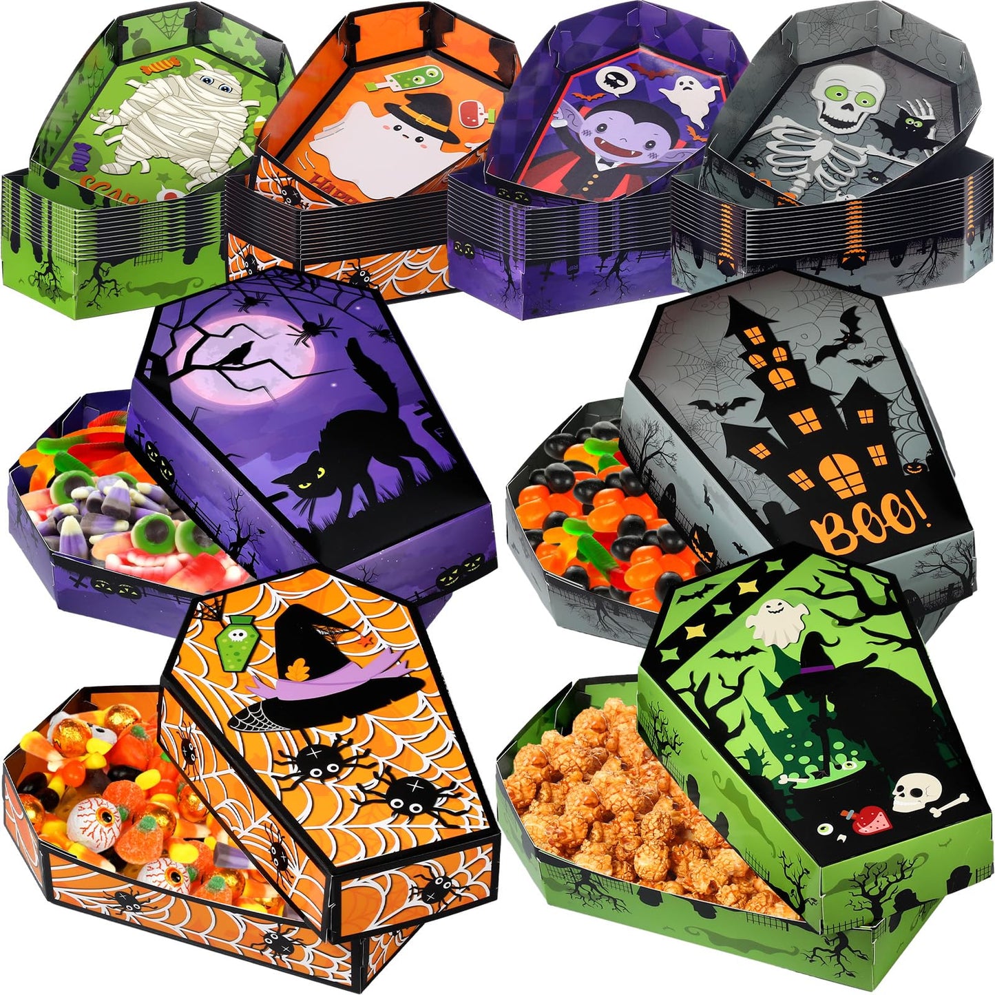 Suttmin 48 Pcs Happy Halloween Paper Trays Disposable Halloween Coffin Boxes Trays Treat Serving Basket Disposable Snack Food Treat Hamburger Holder Party Decoration Supplies