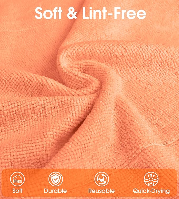 Microfiber Cleaning Cloth Roll–100 Pack, Tear Away Microfiber Towels, Reusable, Washable, Scratch-Free, Kitchen Towels for Car, Home, Kitchen, Glass, Dishes(Honey Orange)