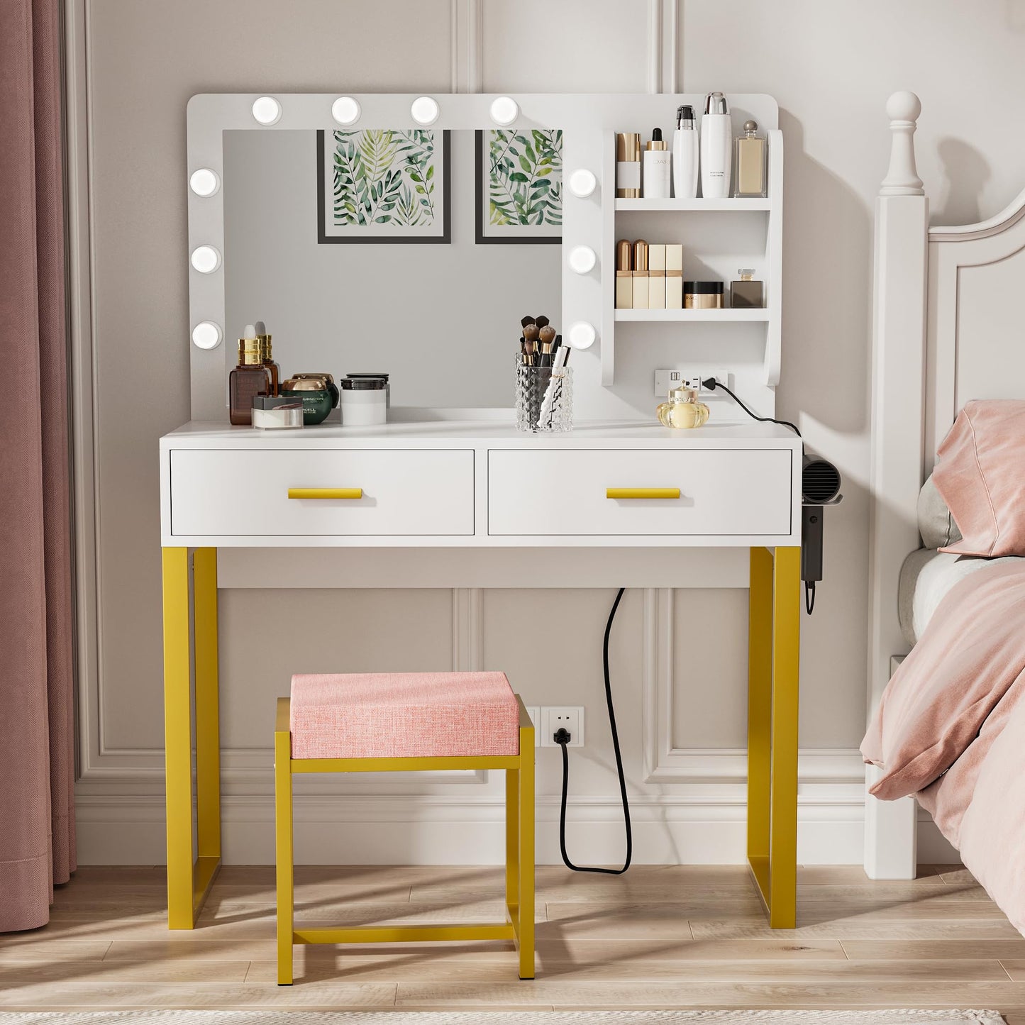 Morwdxef Makeup Vanity Desk with Power Outlet,Mirror and Lights,Makeup Vanity Table with 2 Storage Drawers and Chair Set,3 Color Modes Available