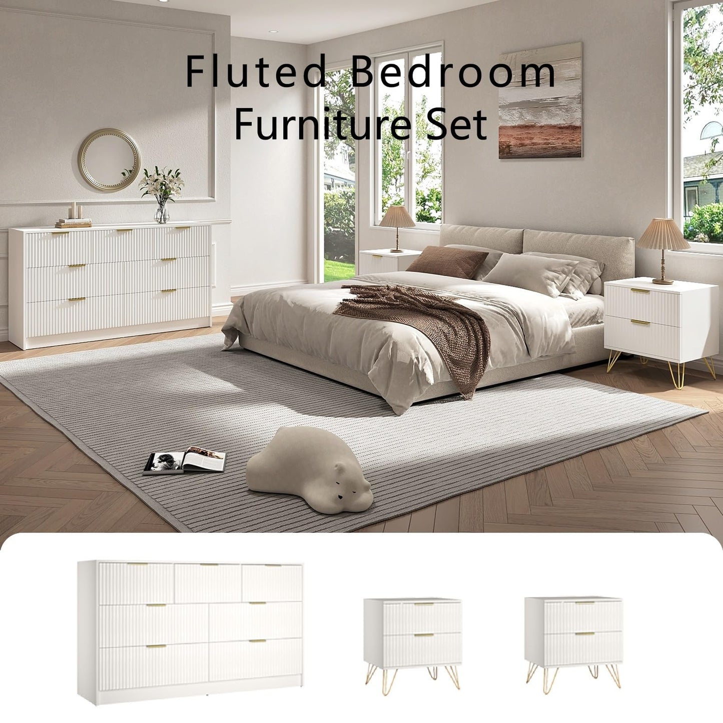 Sscaktu 7 Drawer Dresser and Nightstand Sets for Bedroom, 3 Pcs Bedroom Set，Night Stand Set of 2 & 7 Drawer Dresser with Gold Handles, Modern Wood Chest of Drawers Storage Cabinet Set, White