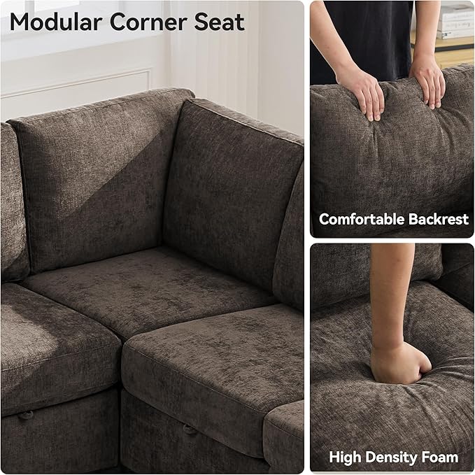 127'' Oversized U Shaped Modular Sofa, Sectional Couches with Storage for Living Room, Modern 9 Seater Cloud Sectional Couch with Movable Ottoman, Chenille Brown