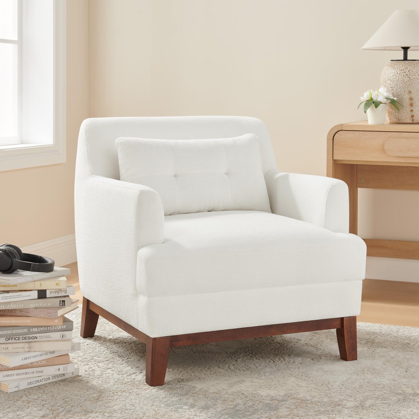 VANOMi Modern Accent Chair with Terry Fabric, Upholstered Armchair with Spring Package Cushion & Solid Wood Frame, Comfy Lounge Chair for Living Room, Bedroom, or Reading Corner, Terry, White