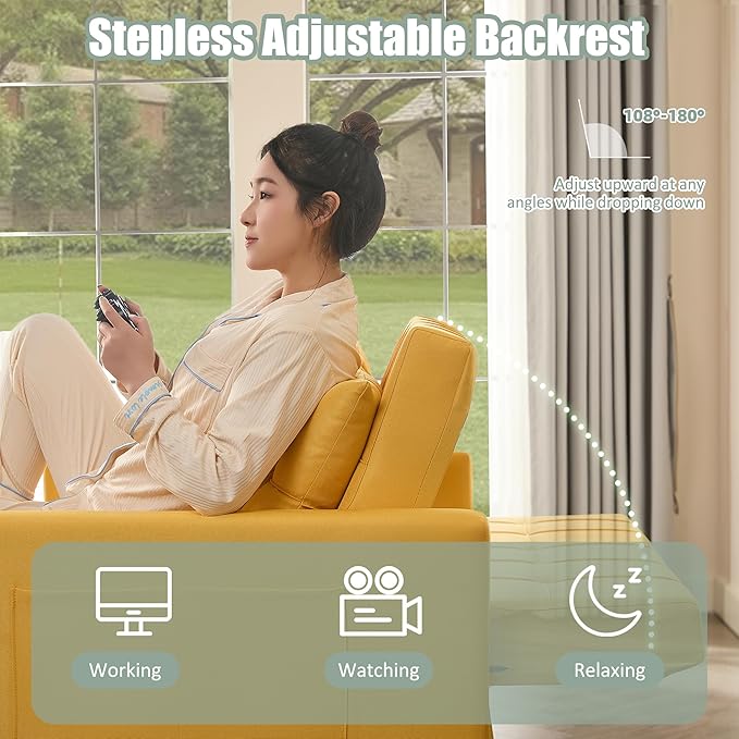 GOSUHI 52" Sleeper Sofa with Pull-Out Bed, 3-in-1 Convertible Sofa Bed, Loveseat with Stepless Adjustable Backrest and Side Pocket, for Living Room Dorm Apartment, Linen, Yellow