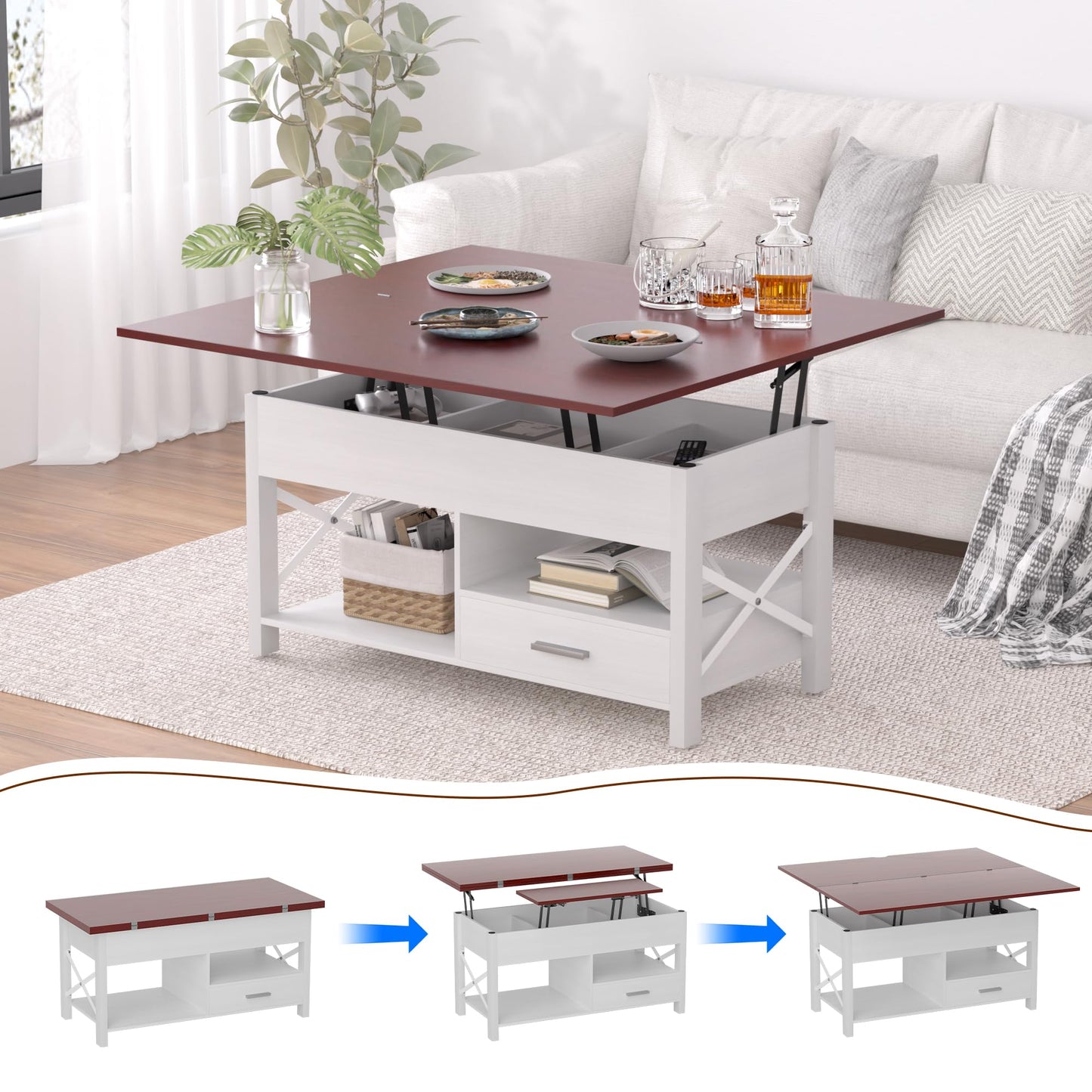 Lift Top Coffee Table, 4 in 1 Coffee Tables with Storage Cabinet for Living Room, Coffee Table with Lifting Top with Wooden Lift Tabletop, Convertible Coffee Table for Living Room,Home Office,Espresso
