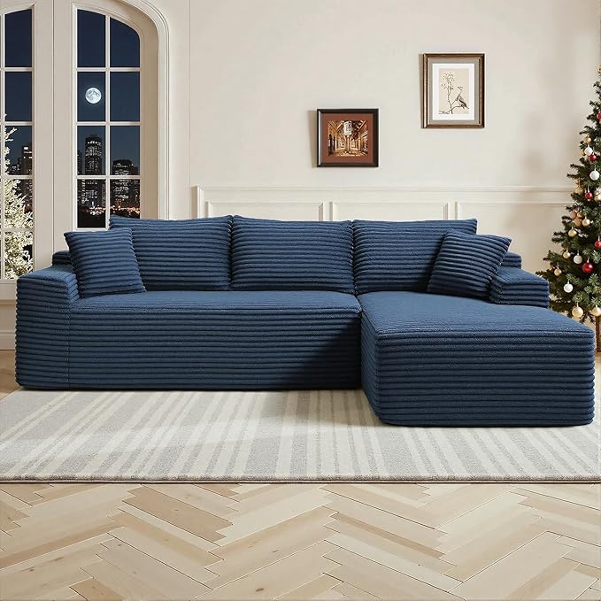 108" Cloud Sectional Couch,Modern Modular Sectional Sofa with Deep Seat,Corduroy Boneless Couches with L-Shape Chaise for Living Room,No Assembly Required (Blue, Right Facing Chaise)