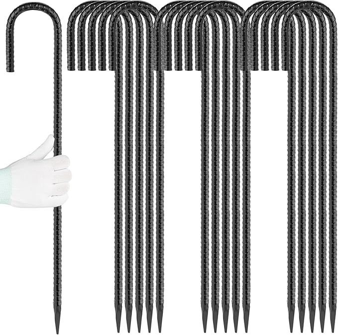 Besitu 24 inches J Hook Rebar Stakes (16-Pack), Extra Long Garden Stakes with Chisel Point End Steel Rebar Ground Stakes for Tent Chain Link Fence and Outdoor Decorations Black Coated