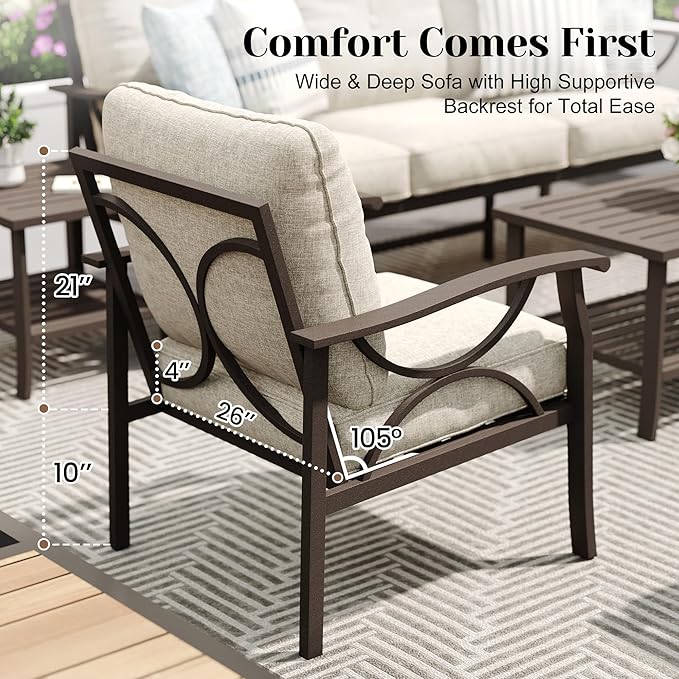 FansaFurn 5-Pieces Outdoor Patio Furniture Set, Outdoor Metal Sectional Furniture with Cushions, Outdoor Conversation Seating Set with Coffee Table for Garden, Balcony, Deck, Backyard, Khaki