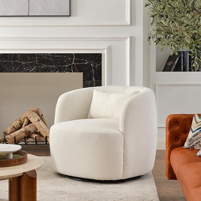 KINWELL 34" Wide Boucle Swivel Barrel Chair, No Assembly Round Upholstered Armchair Accent Chair Single Sofa Chair with Toss Pillow for Living Room and Bedroom, Beige