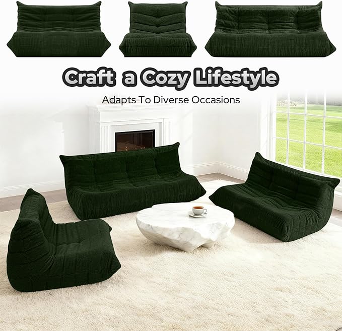 HABUTWAY Bean Bag Chairs Fireside Lazy Floor Sofa, Soft Teddy Fleece 3 Seater Sofa with High-Resilience Foam Filling，Beanbag for Living Room, Bedroom, Office (Green Teddy)