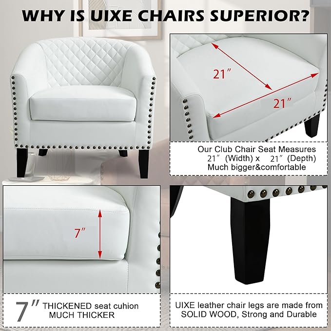 UIXE Faux Leather Barrel Accent Chair Modern Club Arm Chair, Comfy Upholstered Armchair Nailhead Trim Living Room Single Sofa Reading Seat Bedroom Side Sitting for Office Home, White