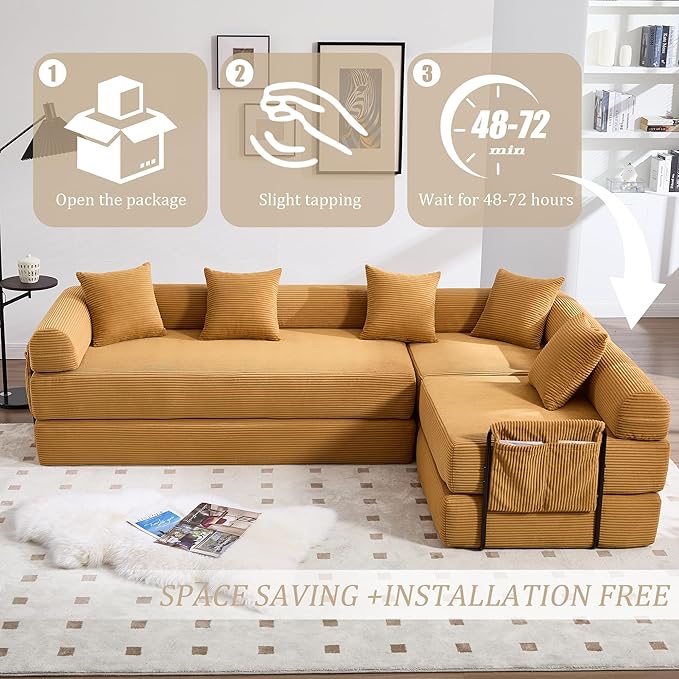 106" Oversized Convertible Sleeper Sofa Bed, Corduroy L Shape Sectional Couch, Folding Sofa Bed with Side Pocket, Modern Cloud Floor Mattress Couch, Modular Sofa for Living Room, Mustard Yellow