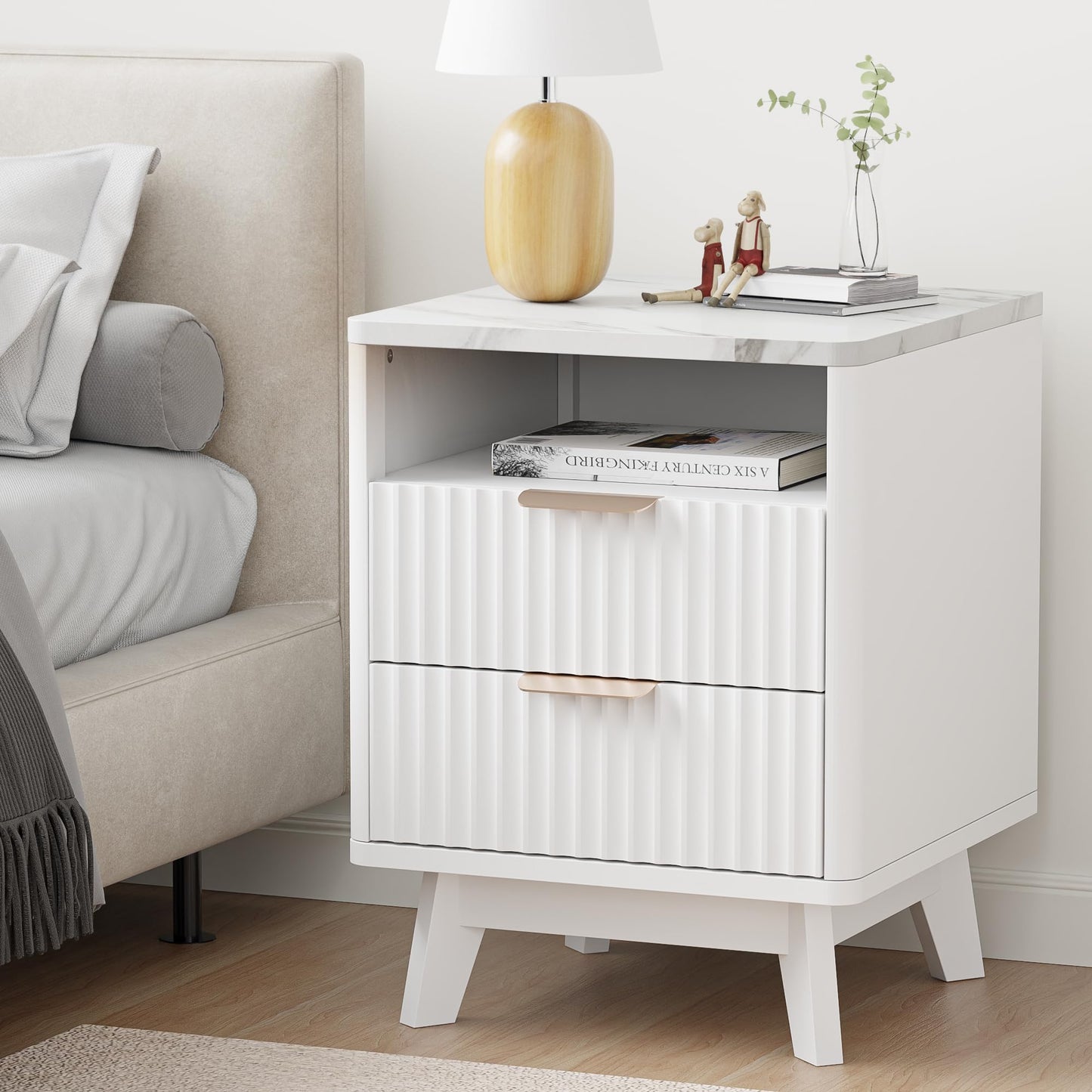 HOCAT Fluted White Nightstand with 2 Drawers, 18" Modern Bed Night Stand with Faux Marble Top, Open Storage Shelf, Curved Edge Bedside Table for Bedroom, Living Room End Side Table