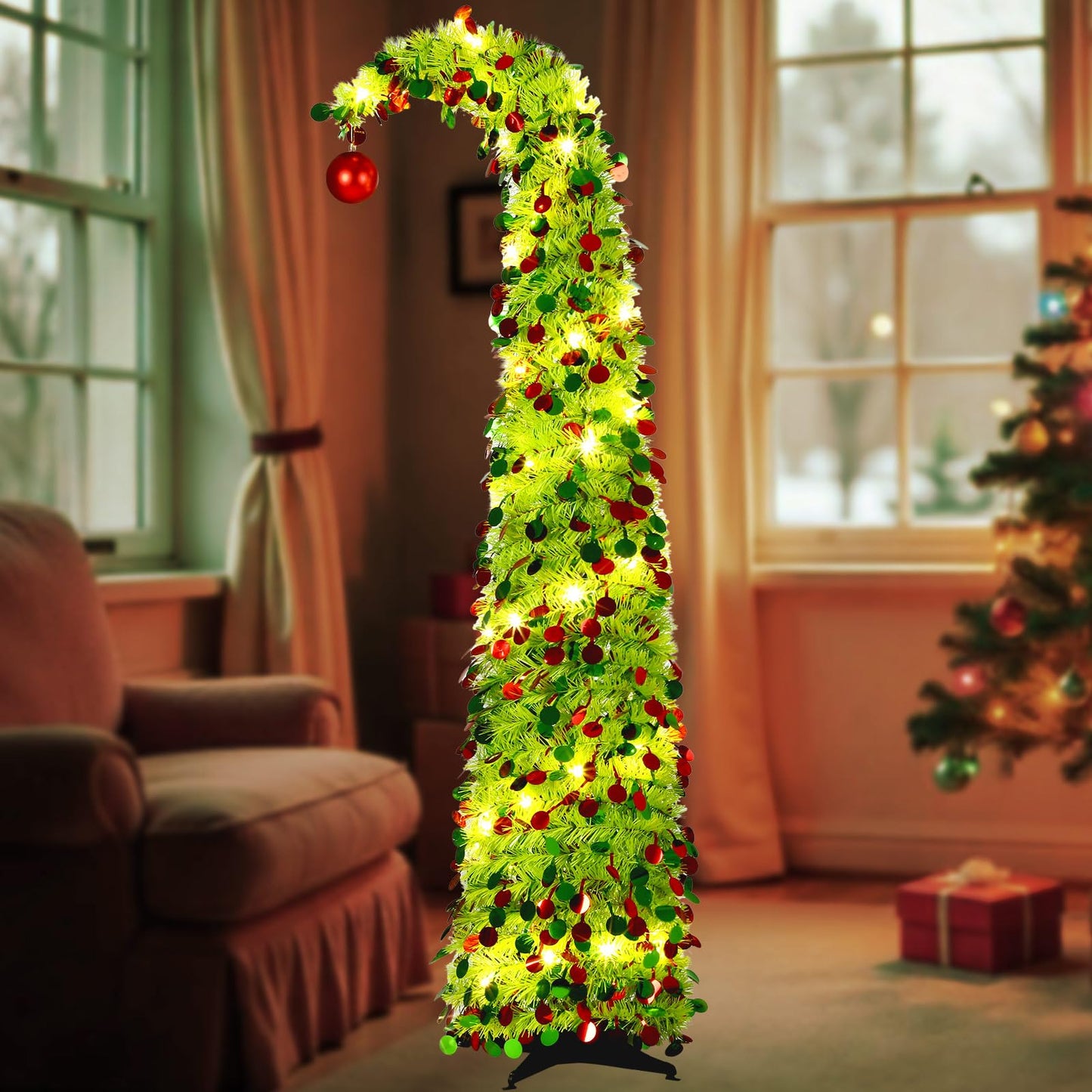 Aurelema 5 ft Christmas Whimsical Pop up Curved Tree with 50 LED Light String Decorations Curved Plastic Tree with Red Ball Top Red Lime Green Tinsel for Xmas Home, Apartment, Office