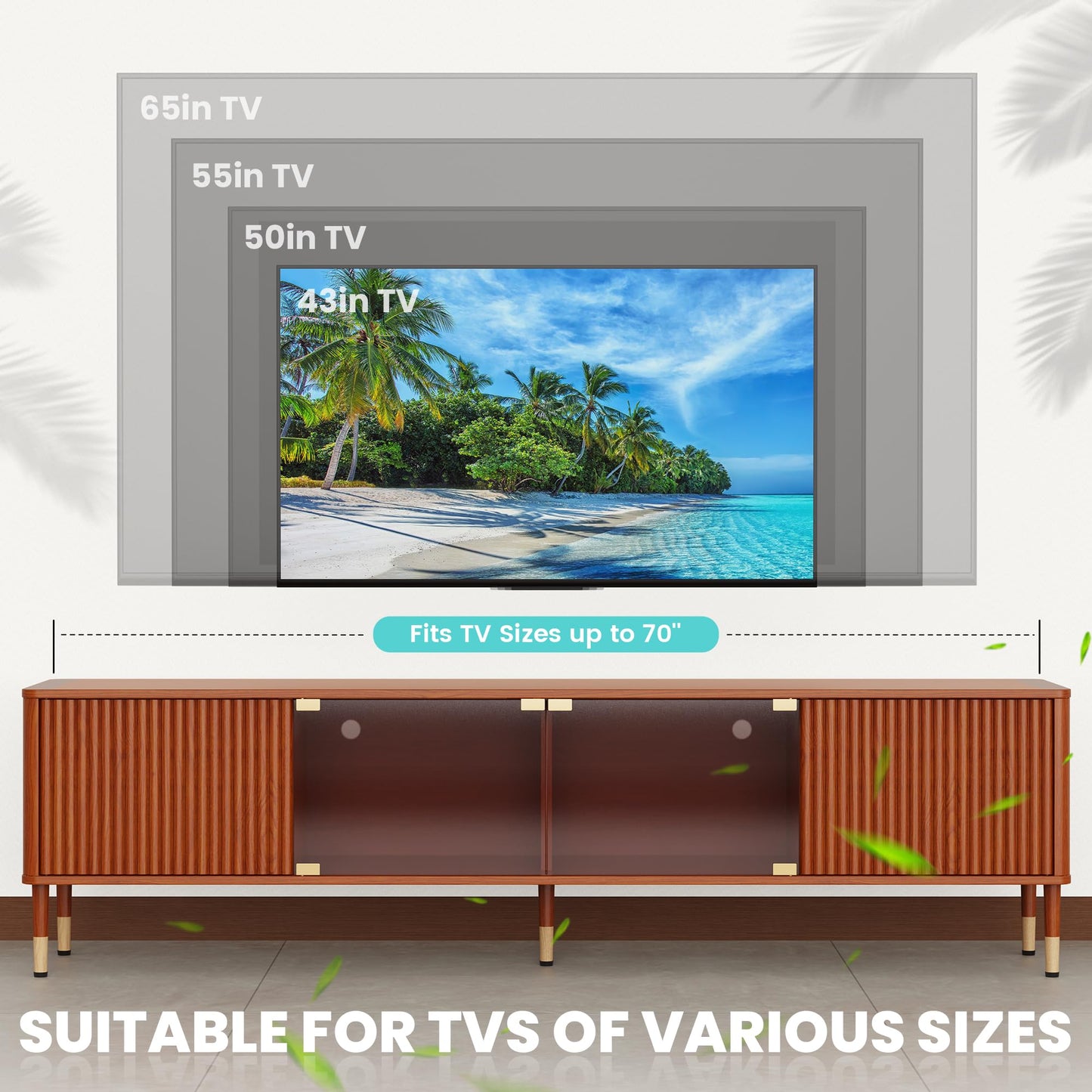 PatioPerk TV Stand for 55 65 Inch TV – Modern Entertainment Center with 4 Storage Cabinets for Living Room, 70 Inch TV Console with LED Lights and Glass Doors, Walnut Brown