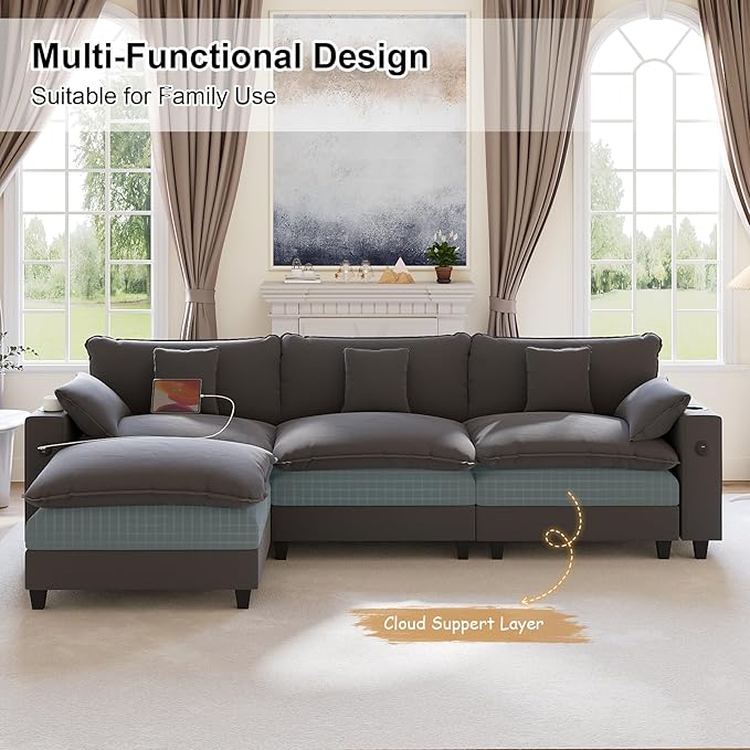 KCGKCG 116" Modular Sectional Sofa, L Shaped Cloud Couch with Movable Ottoman, Chenille Deep Seat Cloud Sofa with Charging Station, Cup Holder, Side Pocket, Sectional Couches for Living Room, Grey