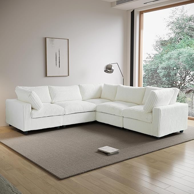 WJShome Cloud Couch Modular Sectional Sofa,118" Oversized 5 Seater Convertible Sofa,V Shaped Plush Couch for Living Room,Comfy Wide Seat Couches,Covers Washable&Replaceable-White