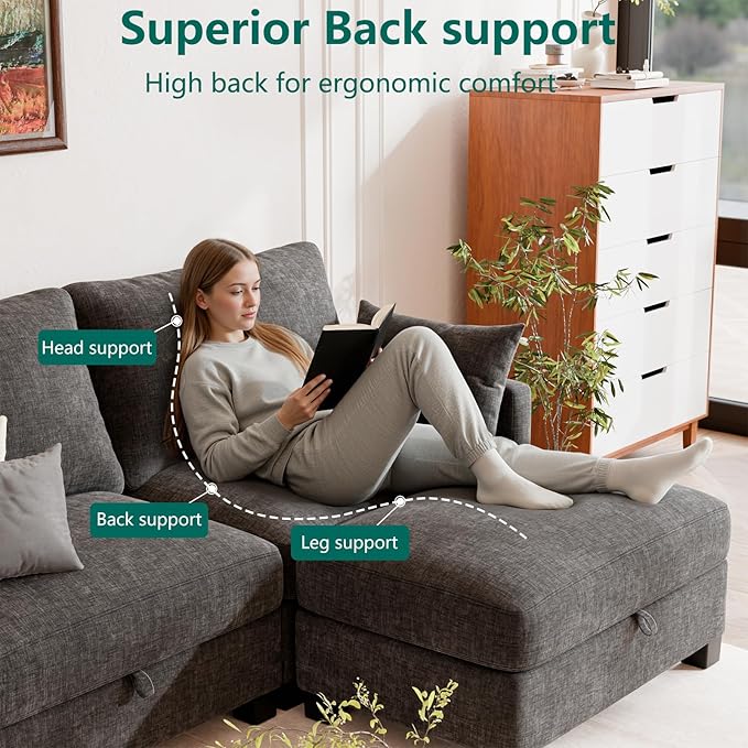 OhaiAura Modular Sectional U Shaped Sofa Couches for Living Room, Cloud Couch with Storage Ottoman, Comfy Chenille Sofa with Pillow, Dark Gray