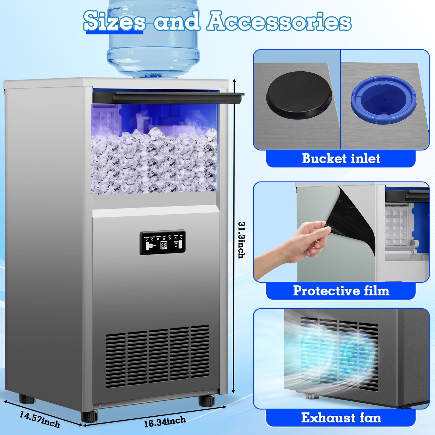 Ice Maker Commercial Ice Maker Machine 150lbs/24H with 30lbs Storage, Stainless Steel Undercounter/Freestanding Ice Machine 50Ice/Cycle 2 Water Inlet Modes Self-Cleaning for Homes Restaurants Bars