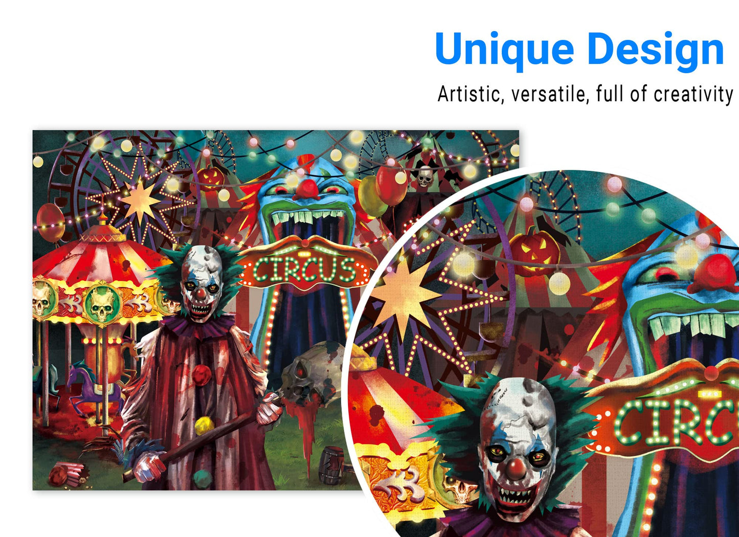 Funnytree 8x6ft Halloween Evil Circus Theme Backdrop for Photography Clown Creepy Carnival Haunted House Horror Scary Birthday Party Decorations Banner Home Decor Photo Booth Props Background