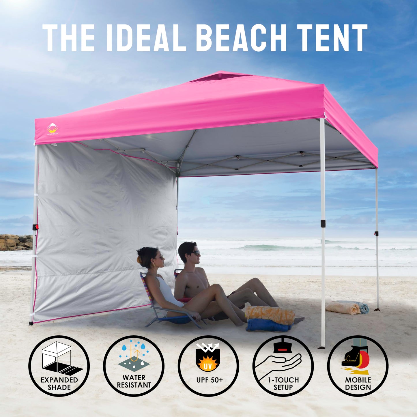CROWN SHADES 10x10 Pop Up Canopy with 1 Side Wall - Beach Tent with One Push Setup - Outdoor Sun Shade for Events, Parties, Camping - Gazebo with STO-N-Go Cover Bag (Pink)