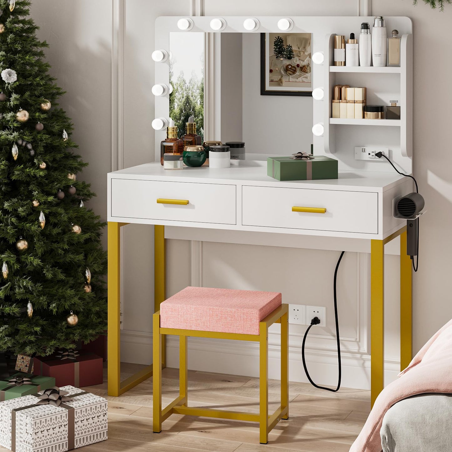 Morwdxef Makeup Vanity Desk with Power Outlet,Mirror and Lights,Makeup Vanity Table with 2 Storage Drawers and Chair Set,3 Color Modes Available