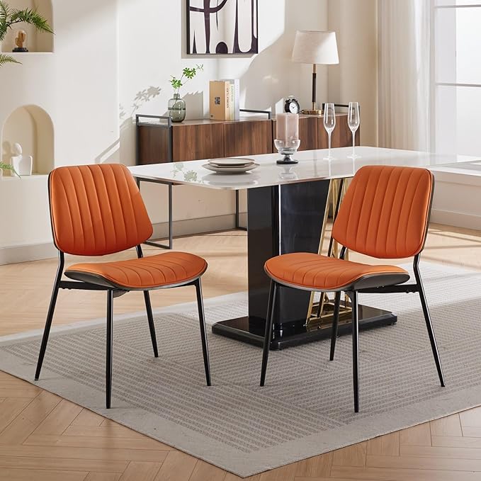 YaFiti Dining Chairs Set of 8, Mid Century Modern Accent Dining Room and Kitchen Chairs, Upholstered PU Leather Vertical Stripe Chairs for Vanity with Walnut Bentwood and Metal Legs, Orange