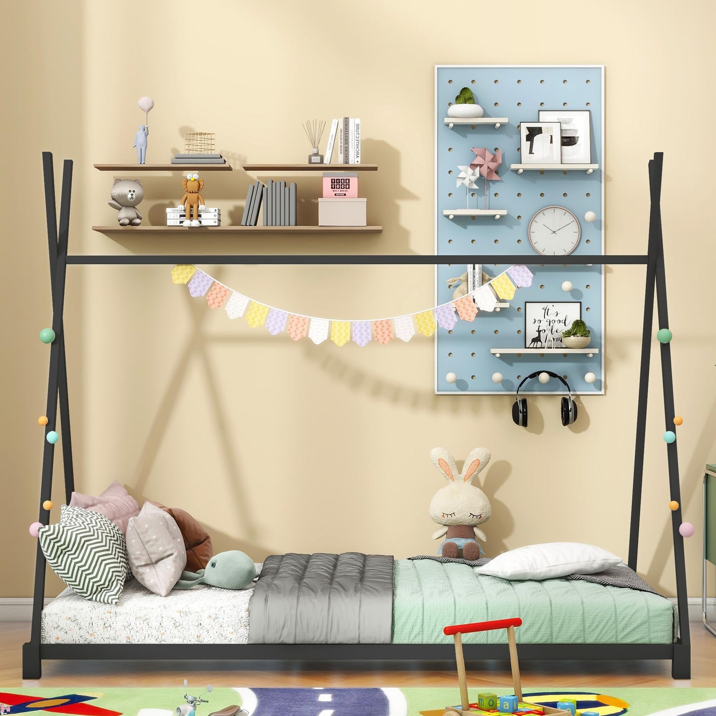 kuurfuurdo Twin Size House Bed for Kids, Metal Montessori Floor Bed Platform BedFrame with Triangle Structure Tent with Slat for Kids Girls Boys, No Box Spring Needed Easy Assembly