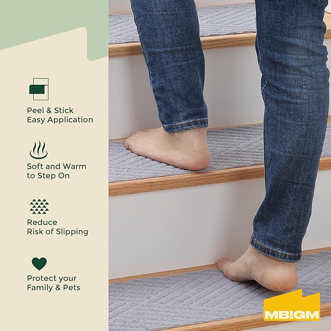 MBIGM 8 X 30inches, 15 in Pack, Non-Slip Carpet Stair Treads Non-Skid Safety Rug Slip Resistant Indoor Runner for Kids Elders and Pets with Reusable Adhesive, Light Gray Weave