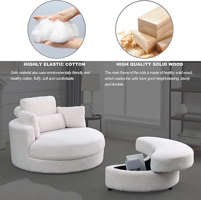 Yoglad Modern Swivel Accent Round Chair, Barrel Sofa with Storage Ottoman, Oversize Lounge Chair, Linen Fabric Round Chair with Pillows, for Living Room, Office (Lvory, 51")
