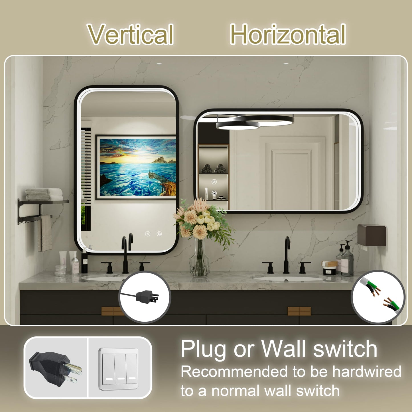 JSneijder 24x36 Inch LED Bathroom Mirror with Lights, 3000K/4500K/6000K, Wall Mounted Black Lighted Vanity Mirror for Bathroom, Stepless Dimmable, Memory Function, Anti-Fog, Horizontal/Vertical