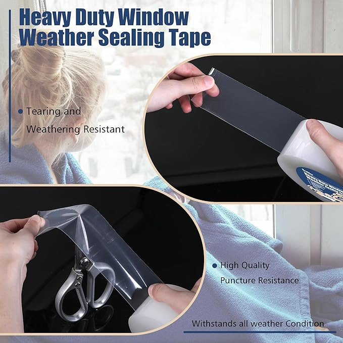 Heavy Duty Window Weather Sealing Tape - Transparent Window Tape for Winter and AC Insulation, No Mess Winter Window Seal Kit - 2 Inch Wide 90 FT Long