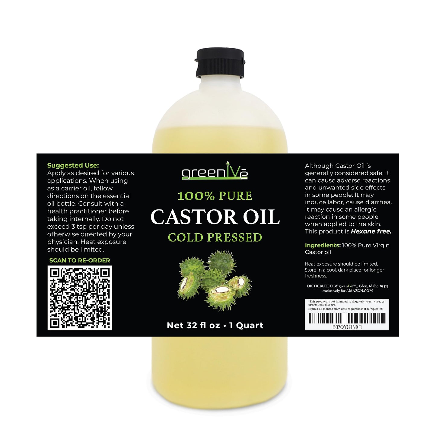 GreenIVe Castor Oil Organically Grown 100% Pure 32oz Bottle Cold Pressed, Hexane Free, Eyelash and Eyebrow Growth Serum, Skin Mo