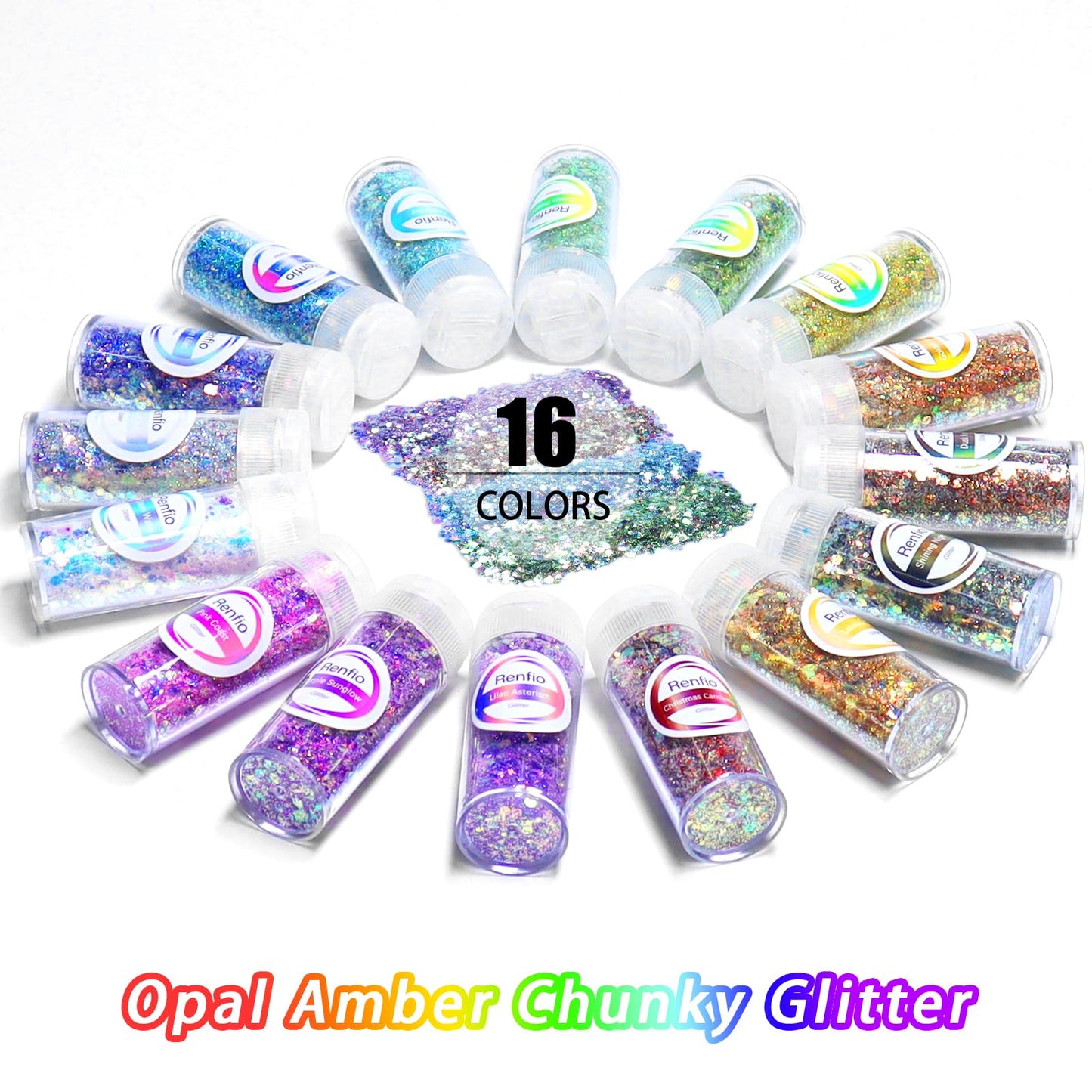 Renfio Opal Chunky Glitter Set - 16 Dreamy Amber Colors, 10g Each - Holographic Fine Glitter Mix, Iridescent Flakes for Snow Globe, Tumbler, Nail Art & DIY Crafts
