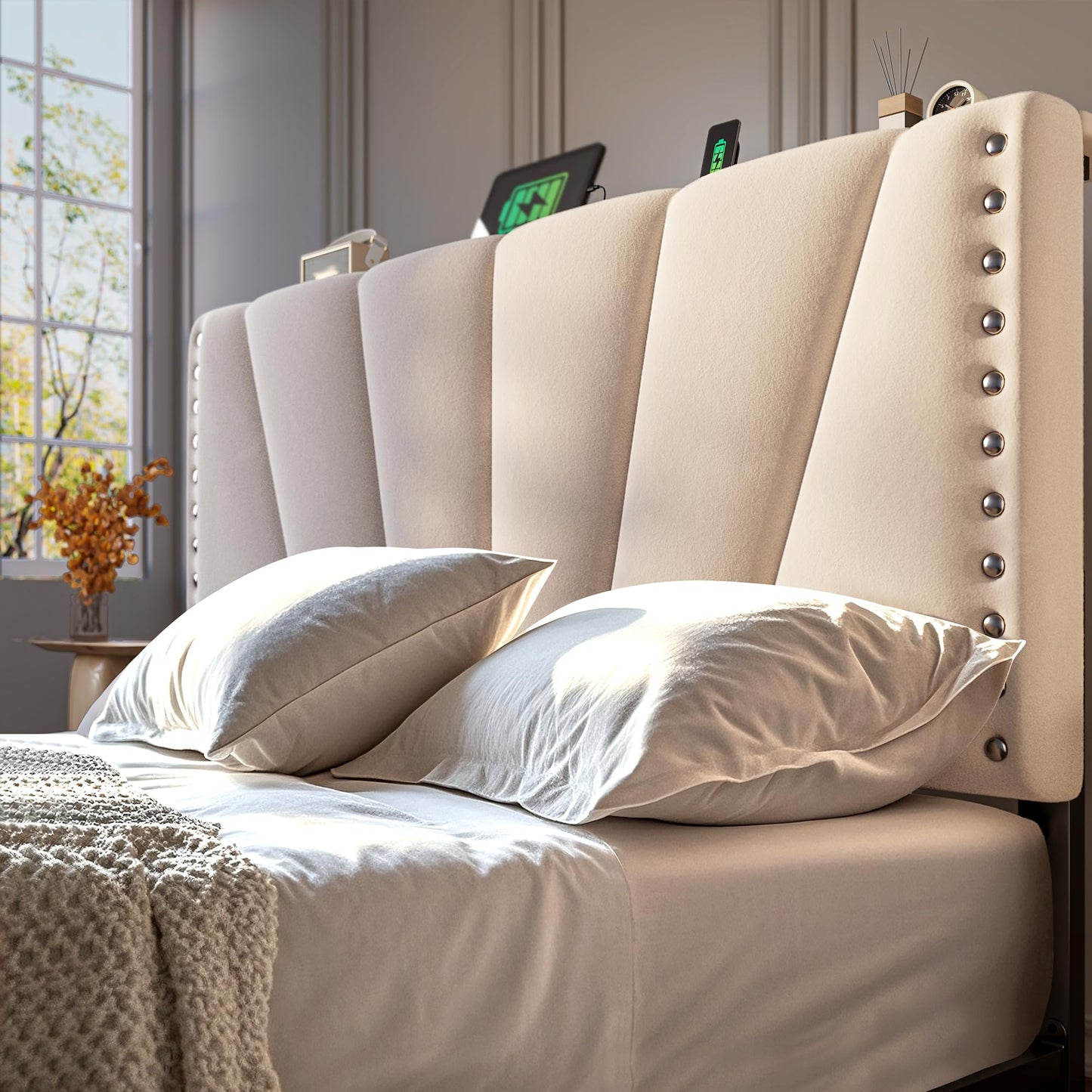 EnHomee Queen Bed Frame with Velvet Headboard and LED Lights, Storage Headboard with Charging Station, Bed Frame Queen Size with Sturdy Wooden Slats Support, Noise-Free, Easy Assembly, Beige