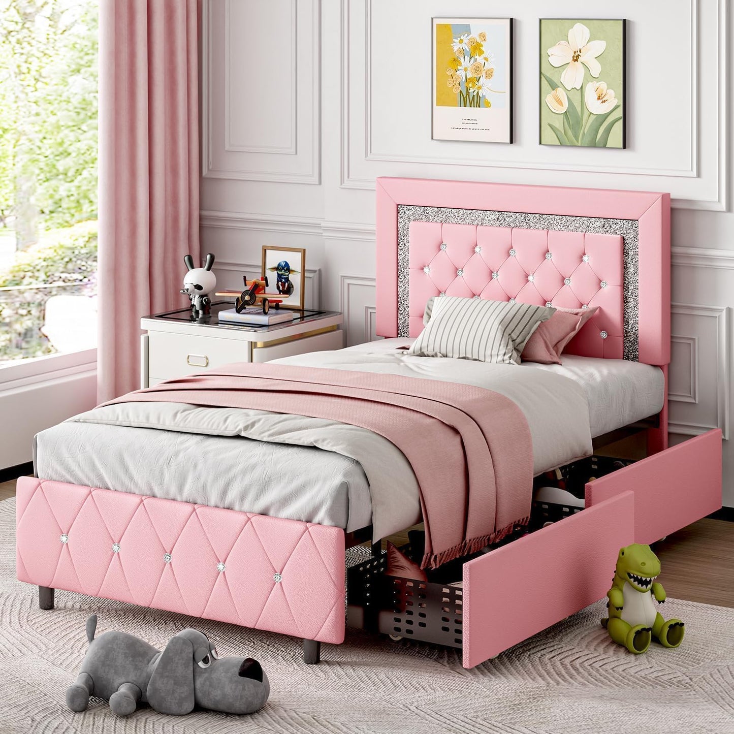 Twin Bed Frames with LED Lights and Storage Drawers, Upholstered Platform Bed with Diamond Headboard, Faux Leather Princess Platform Bed, No Box Spring Needed, Easy Assembly, Pink