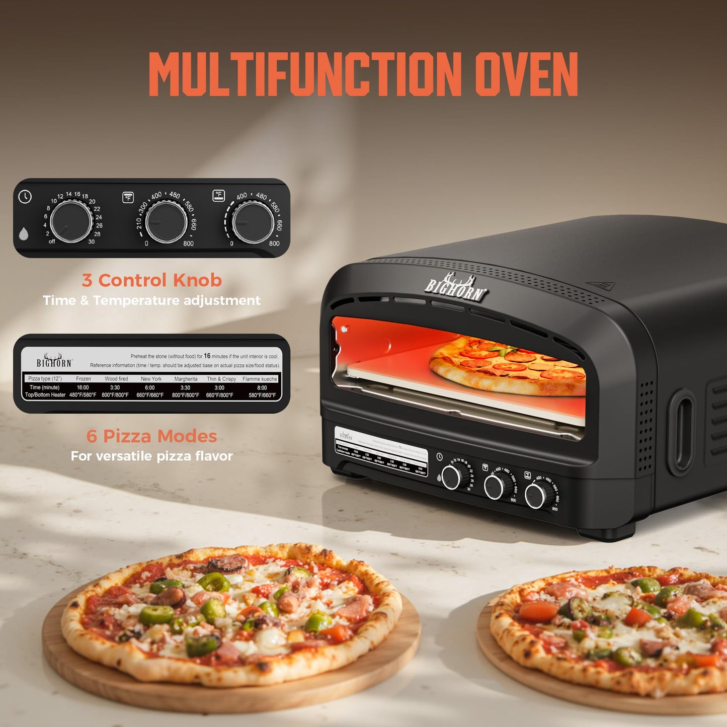 BIG HORN Pizza Oven Indoor, 14" Electric Countertop Pizza Oven with 6 Modes, Heats up to 850°F Pizza Maker, Flip-Up Design Pizza Cooker for Home Kitchen, Restaurants, Parties
