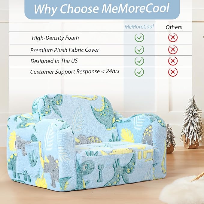 MeMoreCool Toddler Chair – Convertible Glowing Dinosaur Flip-Out Kids Sofa | 1–3 Years | Soft Foam Couch for Playroom, Reading & Relaxing | Fold-Out Lounge Seat with Washable Cover